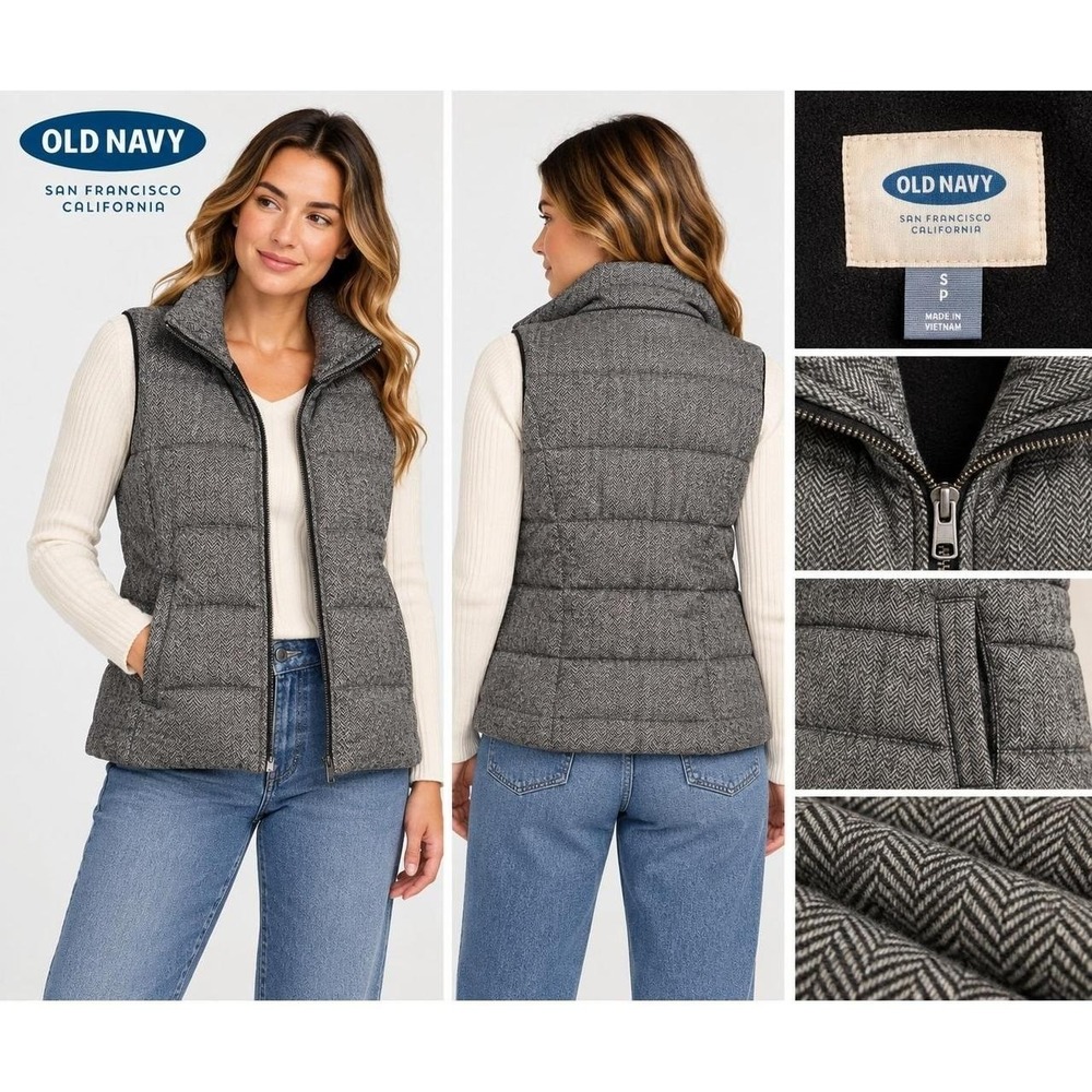 Old Navy Puffer Vest Women Small Grey Excellent Herringbone Quilted Zip Up